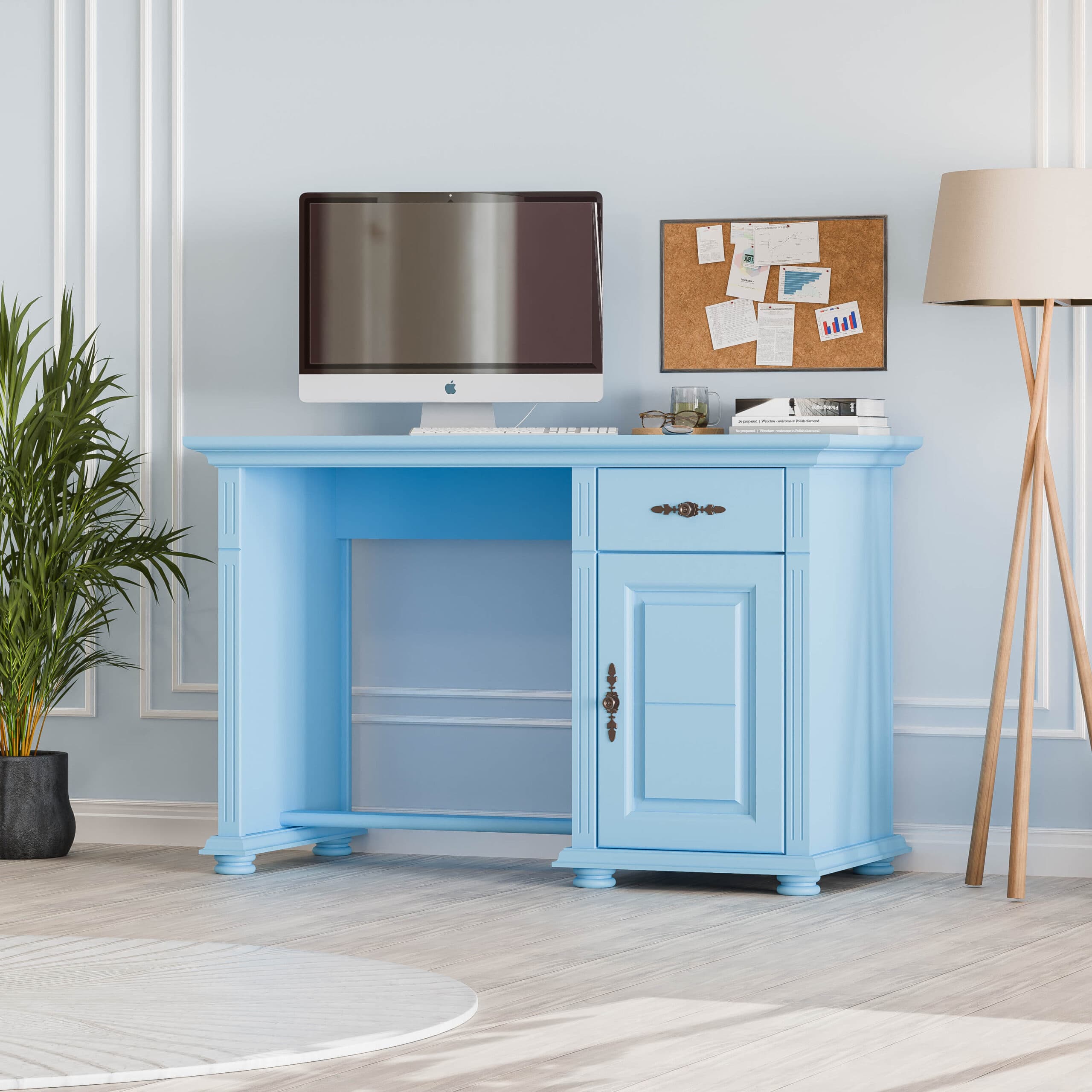 Biurko Skagen w kolorze Baby Blue, wykonane z litego drewna, z szufladą