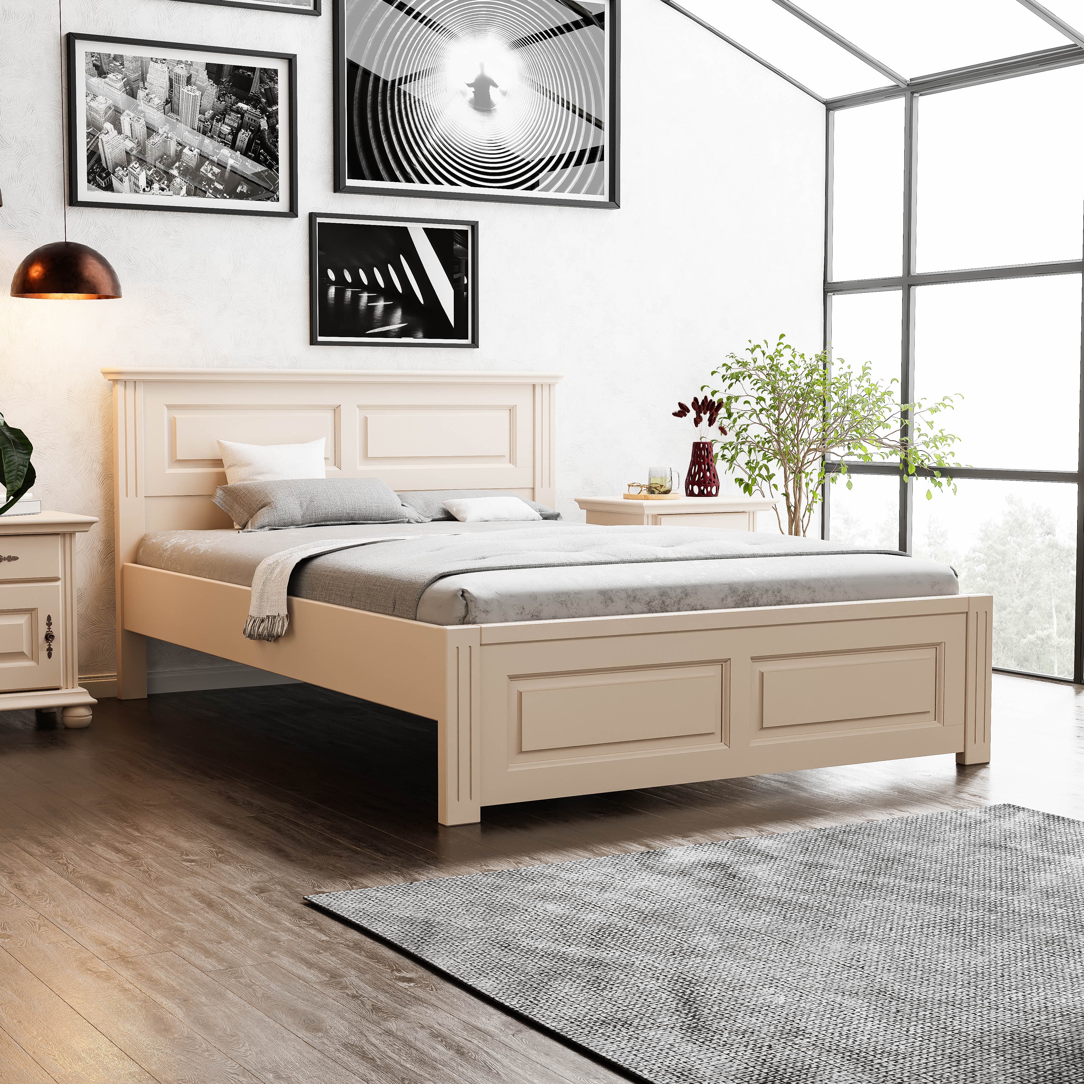 Łóżko 160 × 200 Nordby z litego drewna w kolorze pudrowego beżu