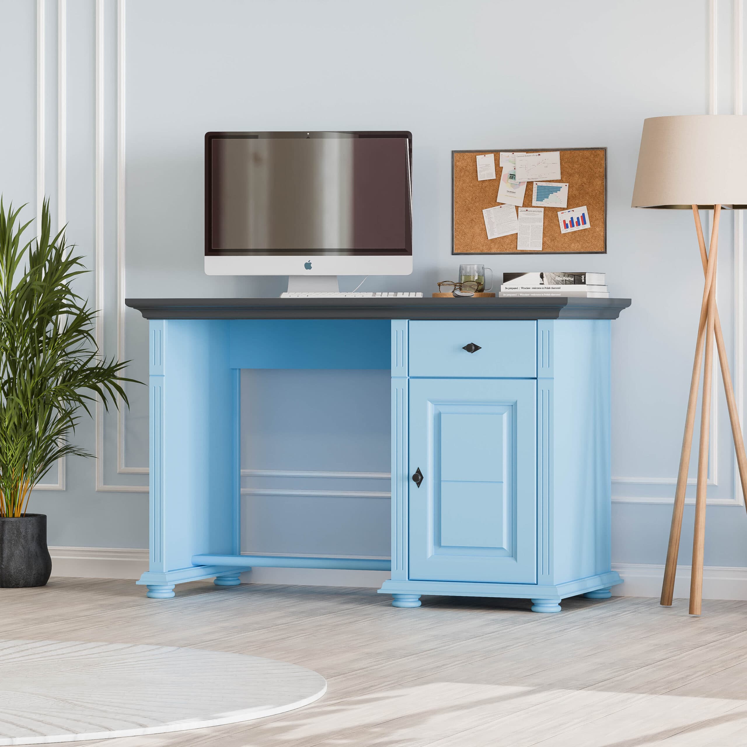Biurko Skagen w kolorze Baby Blue, wykonane z litego drewna, z szufladą