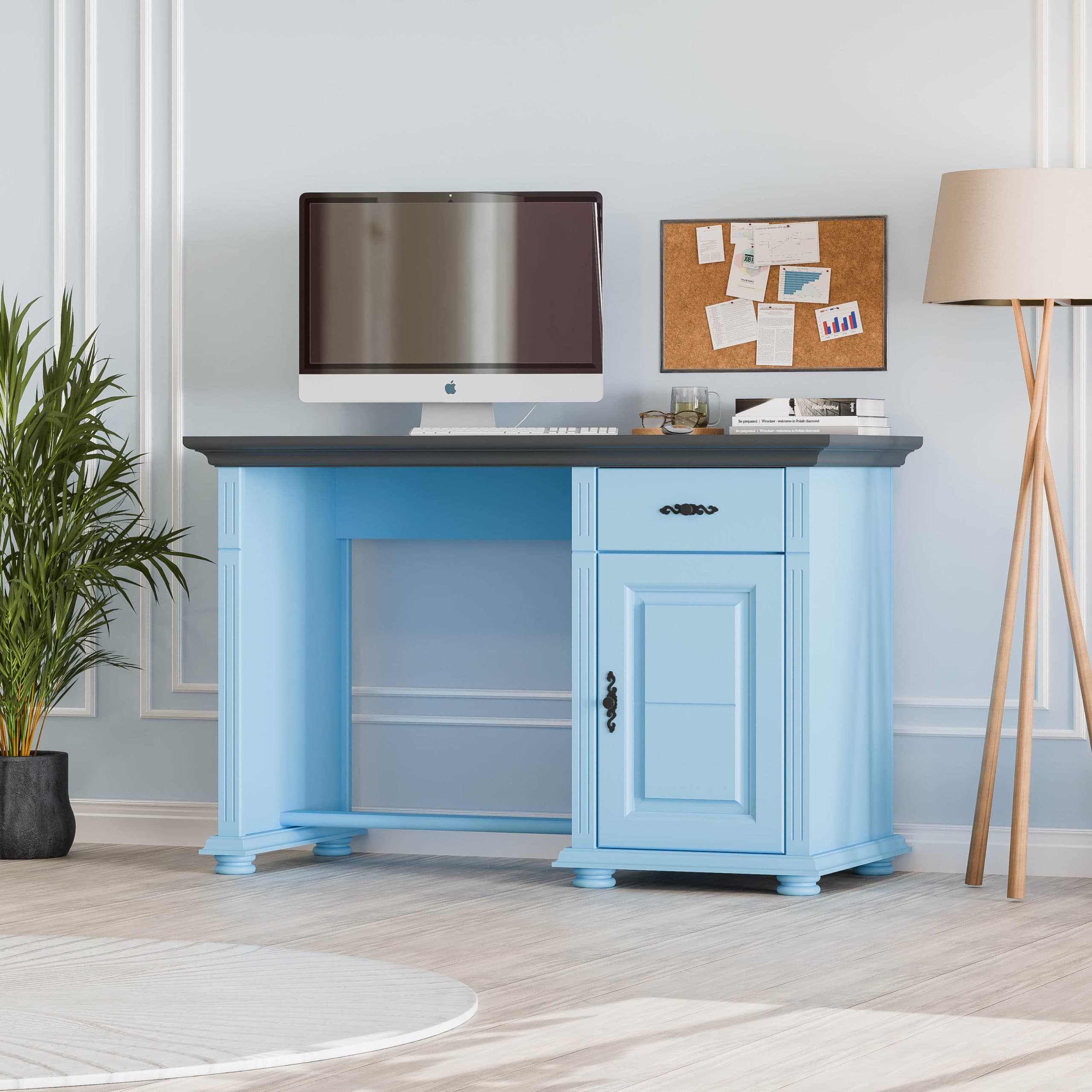 Biurko Skagen w kolorze Baby Blue, wykonane z litego drewna, z szufladą