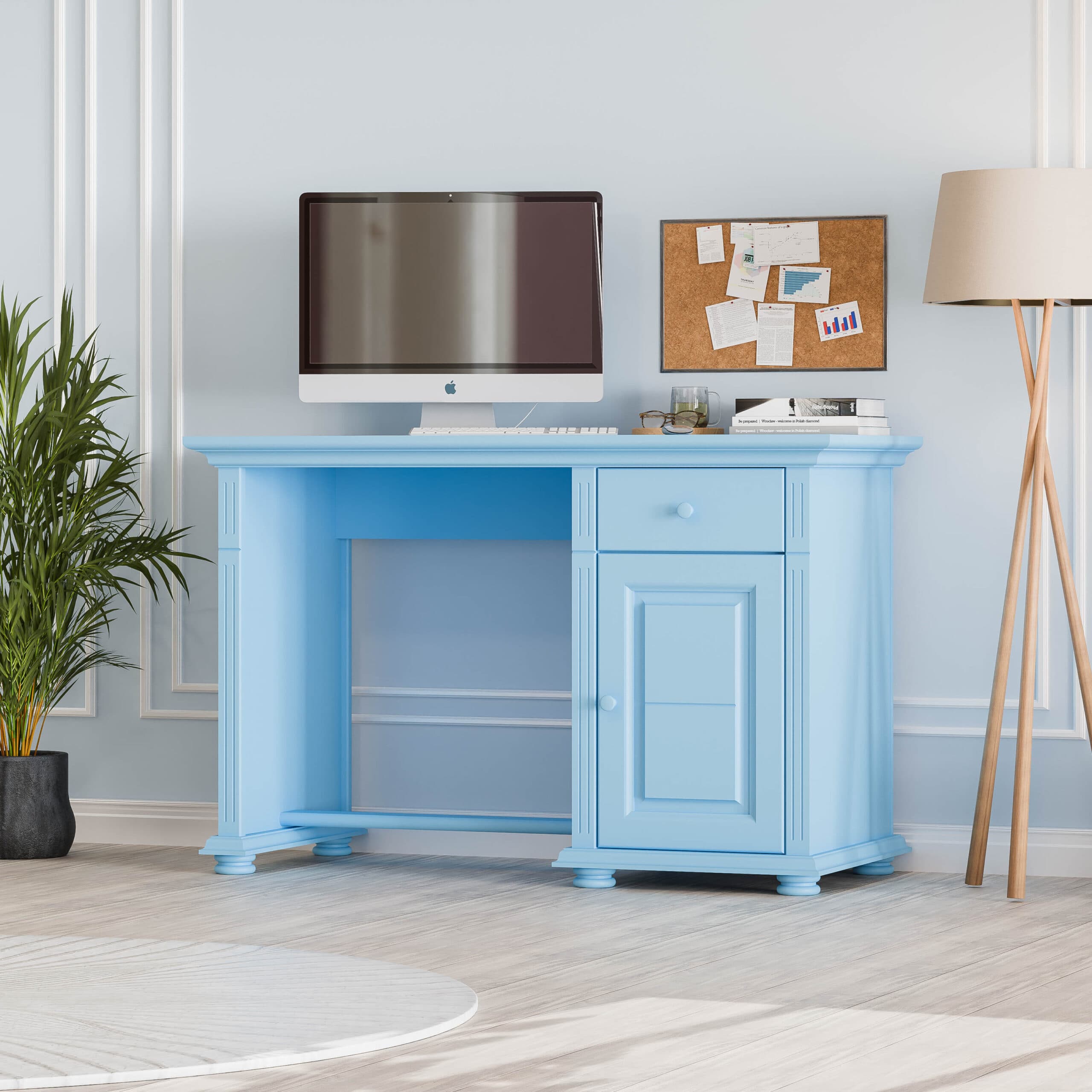 Biurko Skagen w kolorze Baby Blue, wykonane z litego drewna, z szufladą