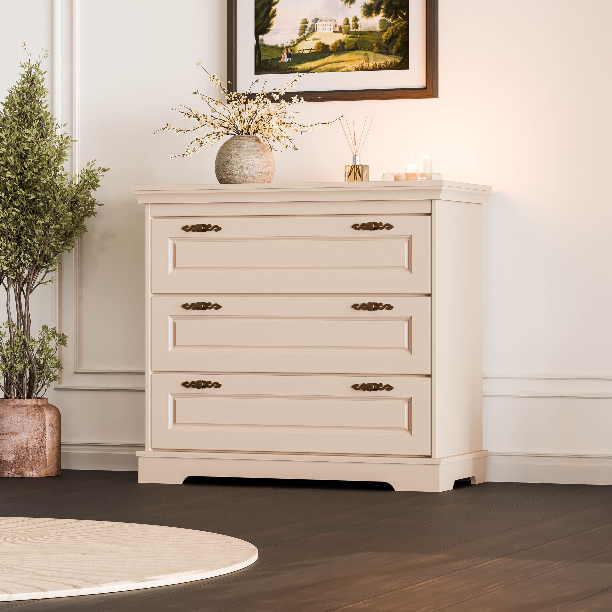 Komoda z litego drewna Linnea z 3 szufladami, kolor ciemny taupe, 100 cm