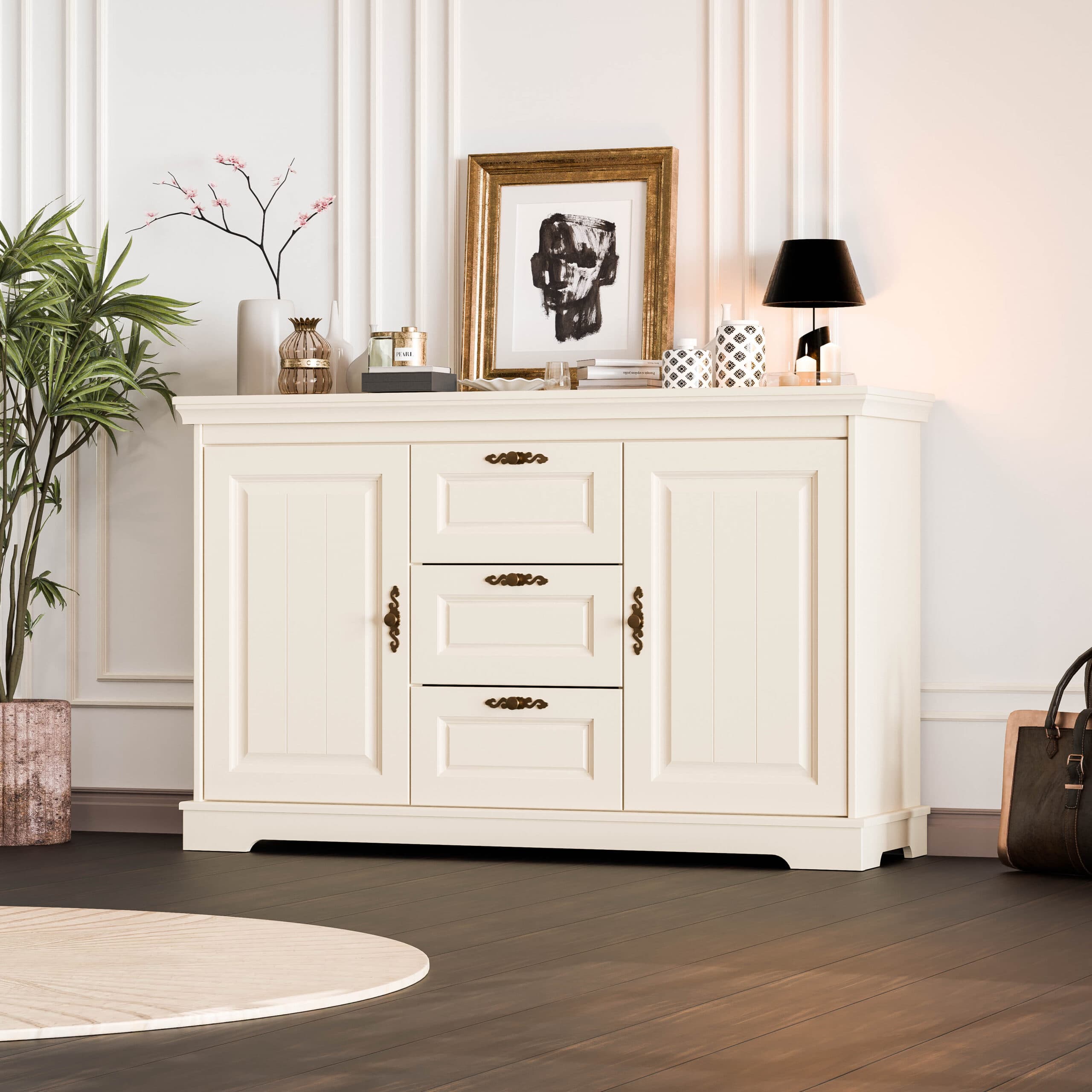 Komoda z litego drewna Linnea Vanille, 150 cm, 2 drzwi i 3 szuflady