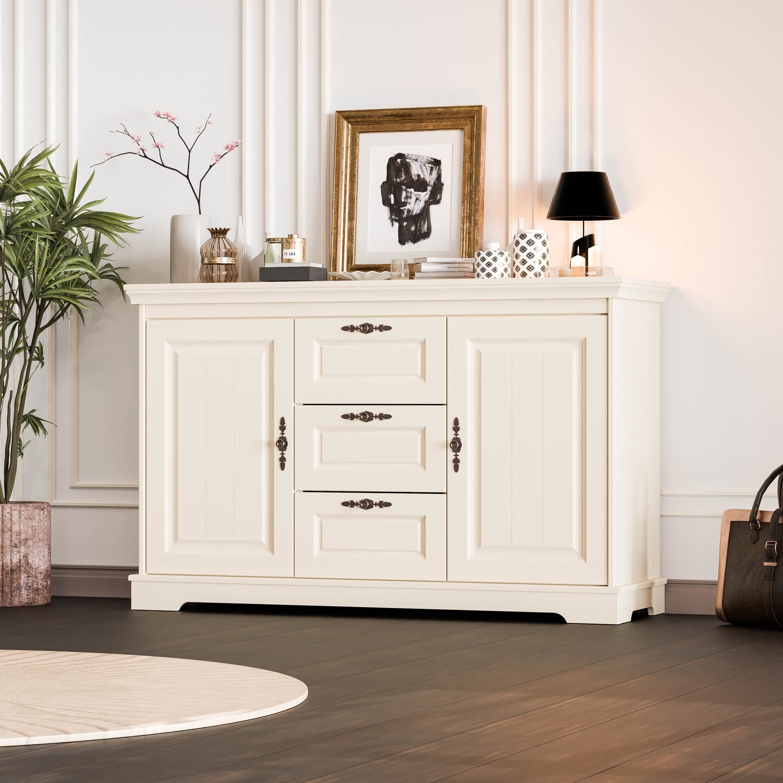 Komoda z litego drewna Linnea Vanille, 150 cm, 2 drzwi i 3 szuflady