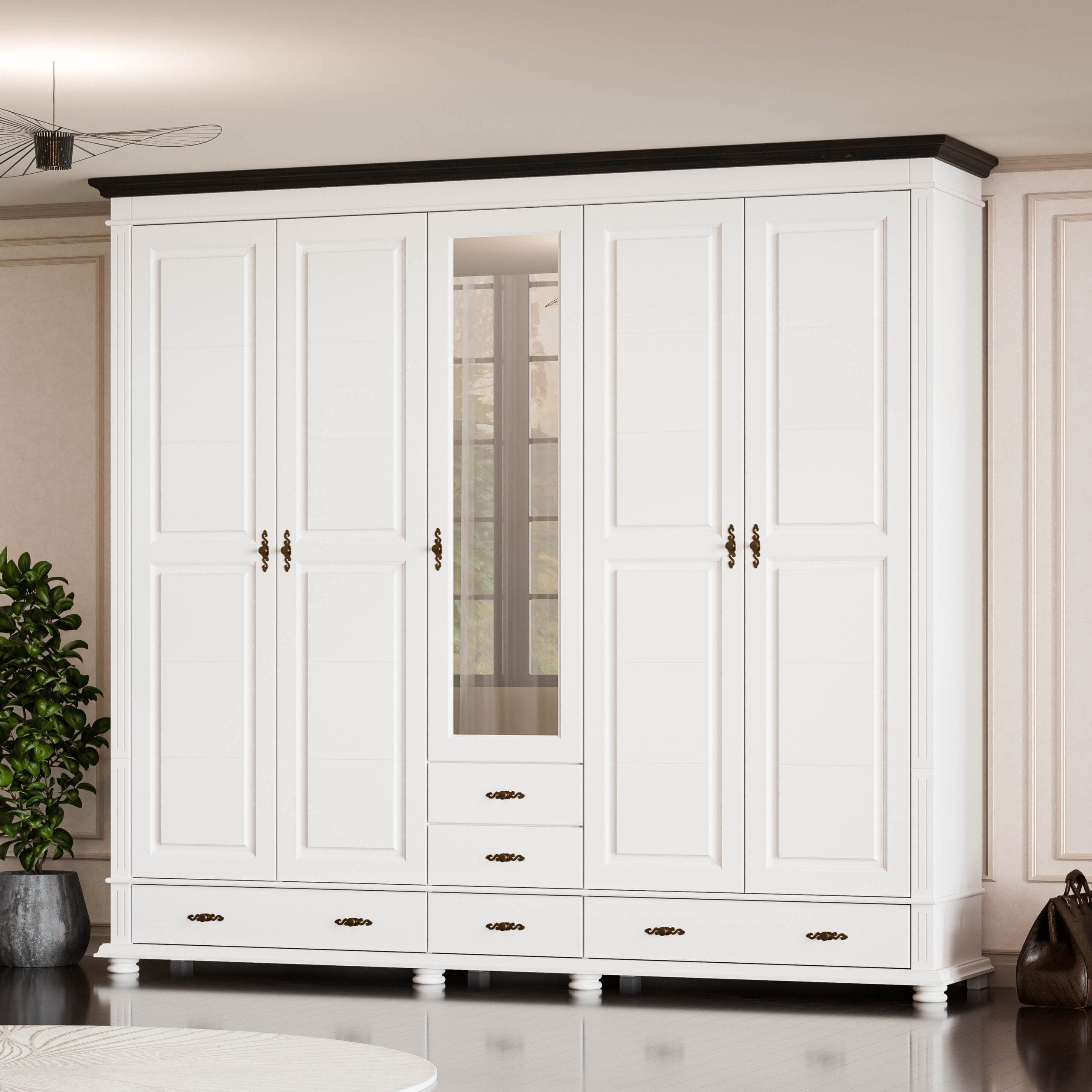 Szafa Skagen z litego drewna z 5 drzwiami i szufladami, 242 cm