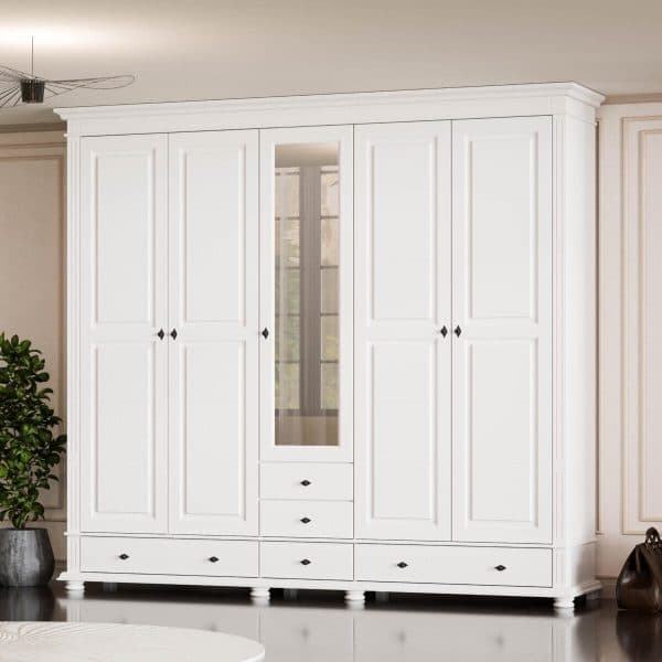 Szafa Skagen z litego drewna z 5 drzwiami i szufladami, 242 cm