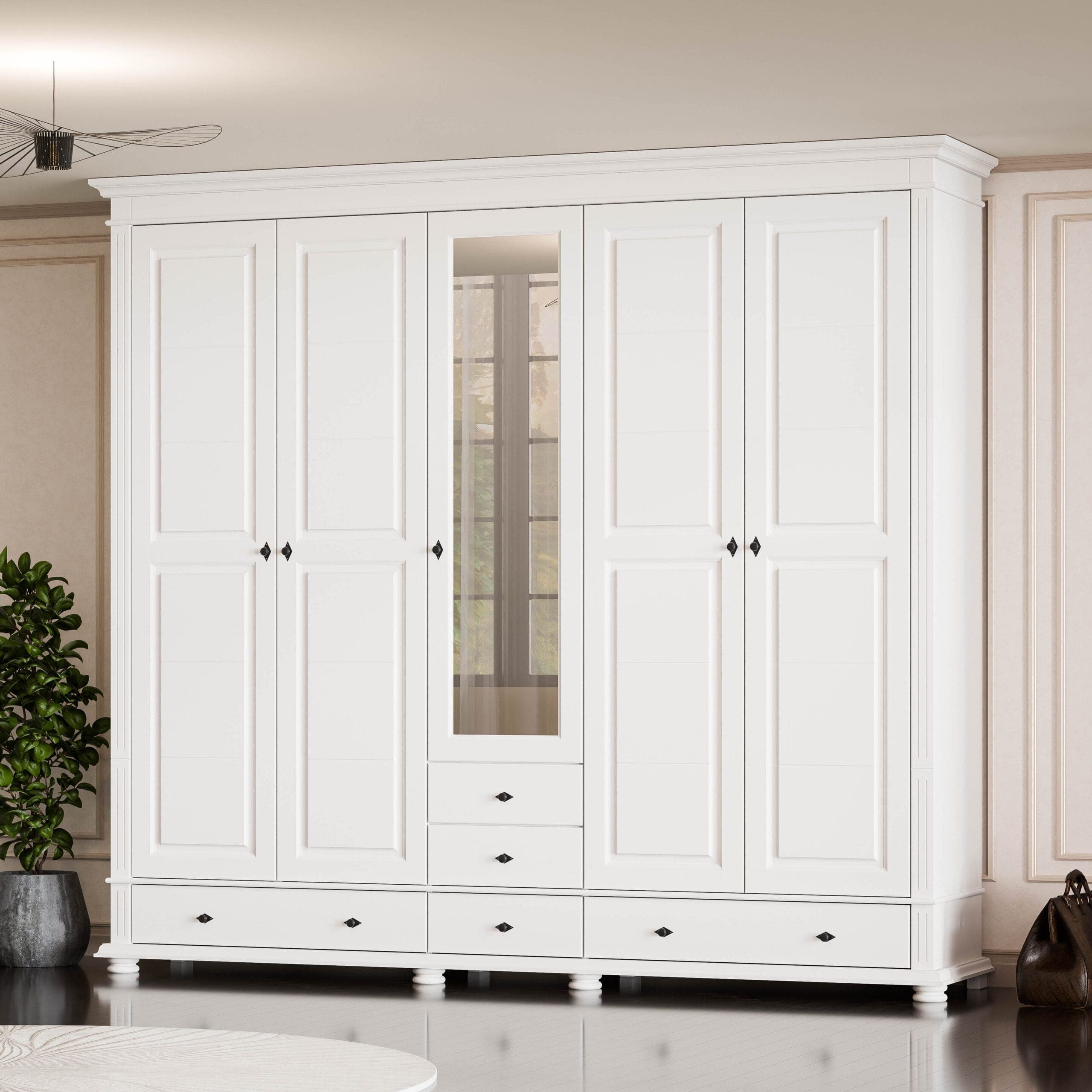 Szafa Skagen z litego drewna z 5 drzwiami i szufladami, 242 cm
