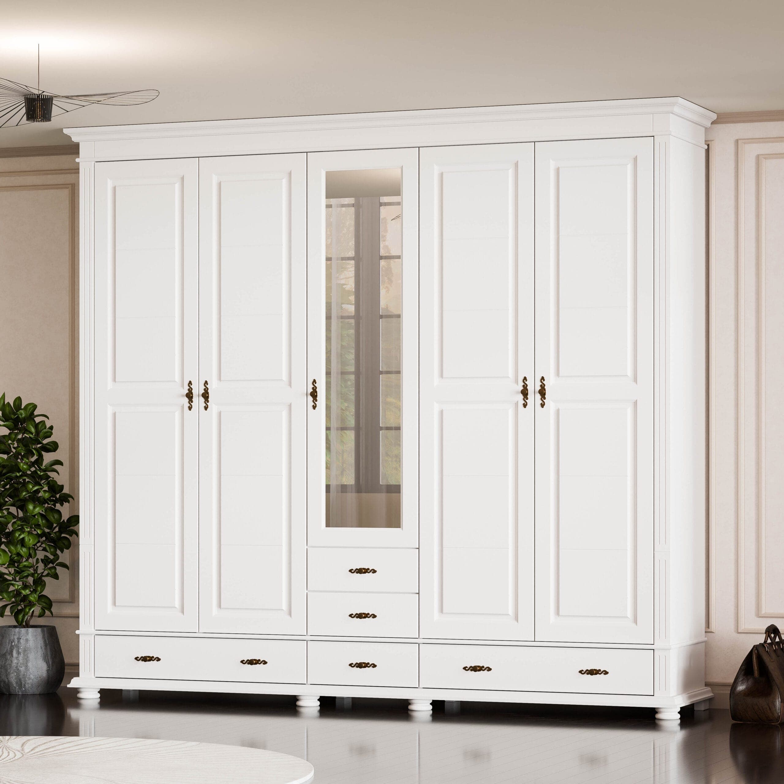 Szafa Skagen z litego drewna z 5 drzwiami i szufladami, 242 cm