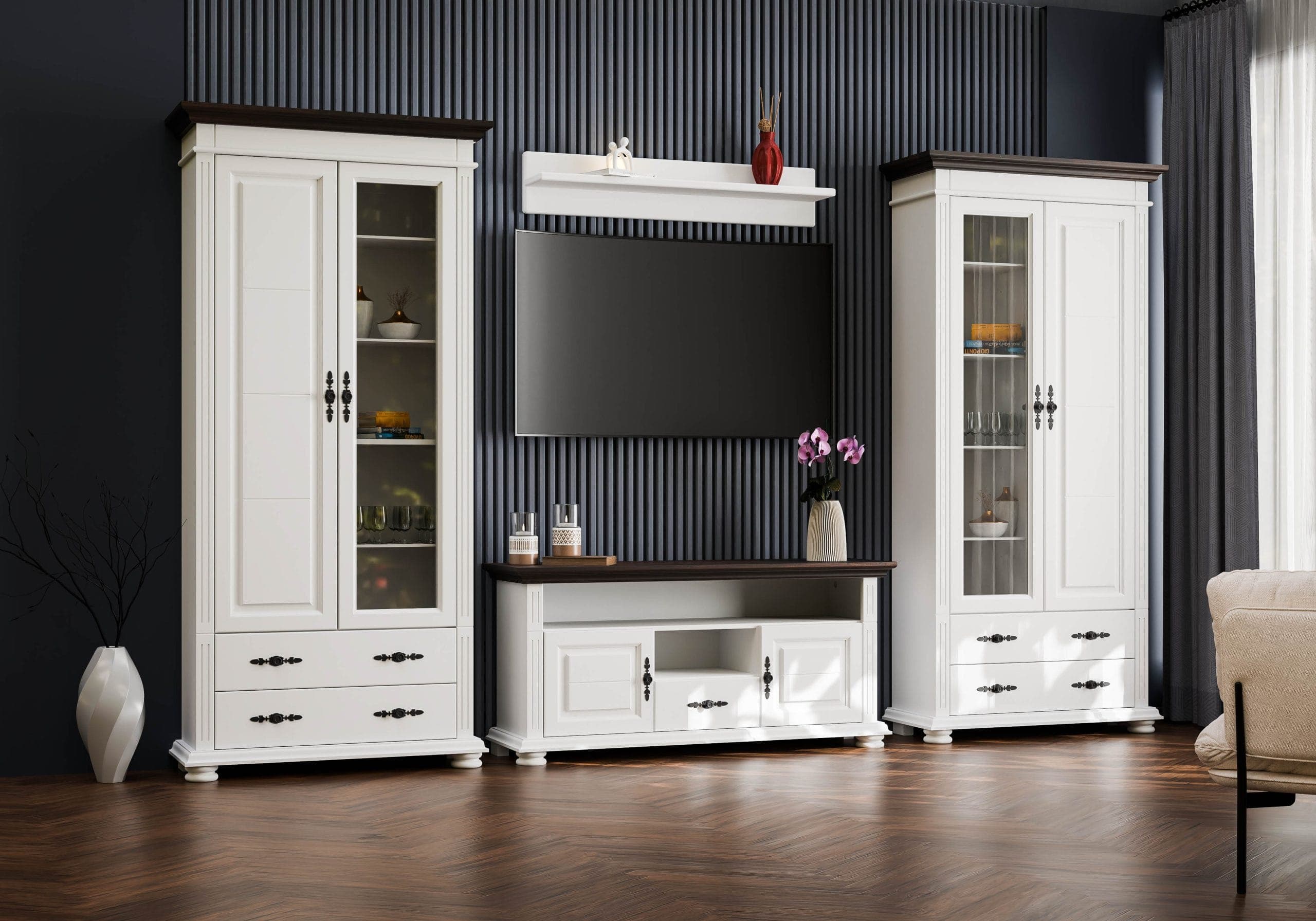 Salon Skagen 3 – zestaw z litego drewna z 2 witrynami