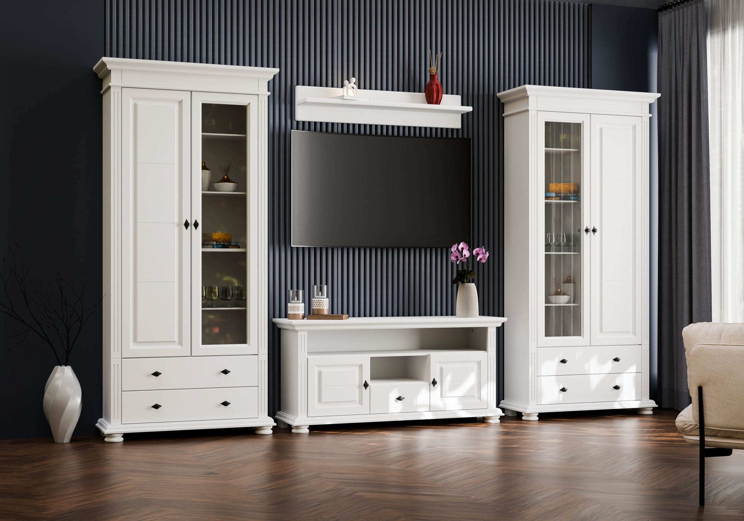 Salon Skagen 3 – zestaw z litego drewna z 2 witrynami
