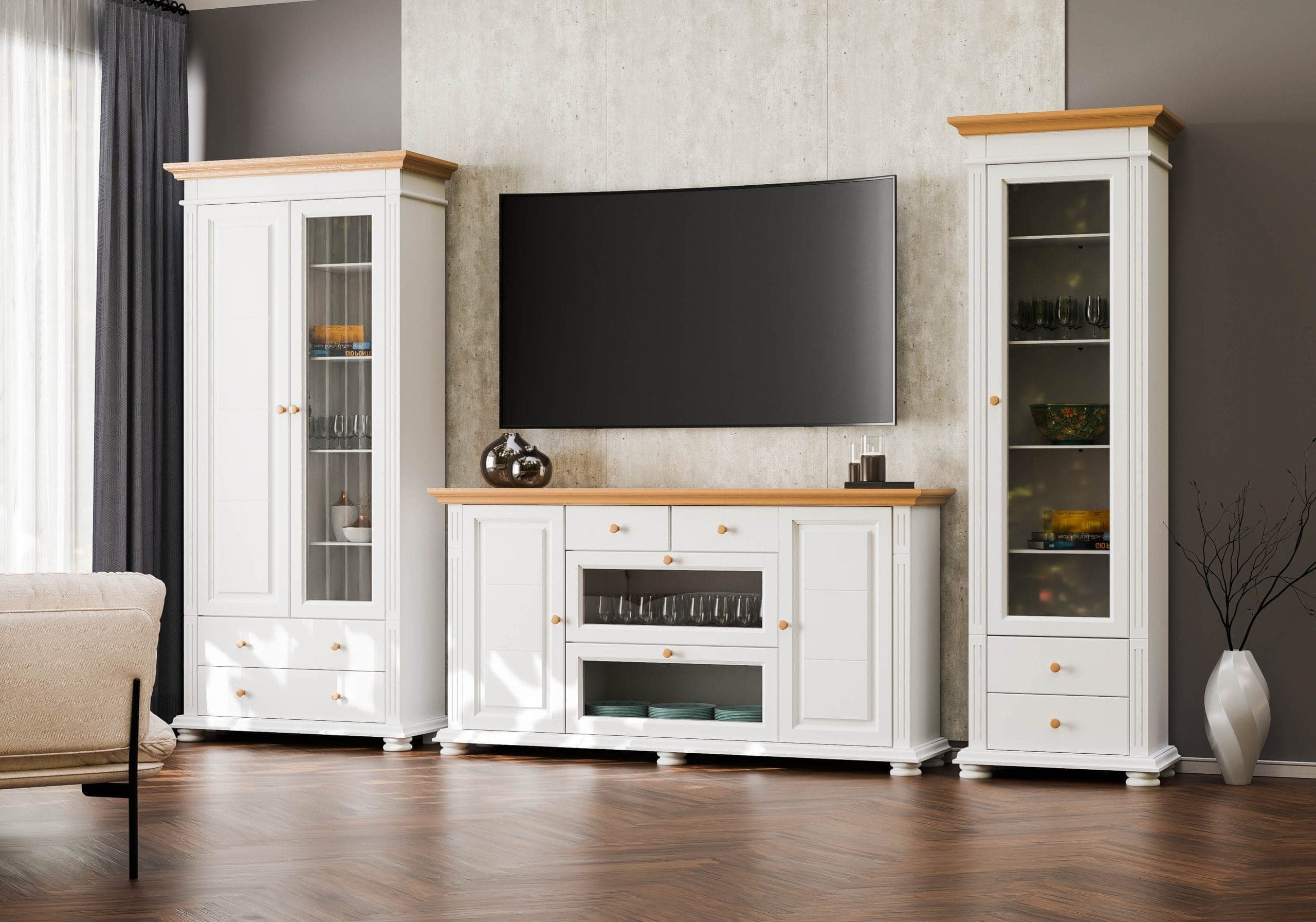 Zestaw do salonu Skagen 6 z litego drewna z dużą witryną