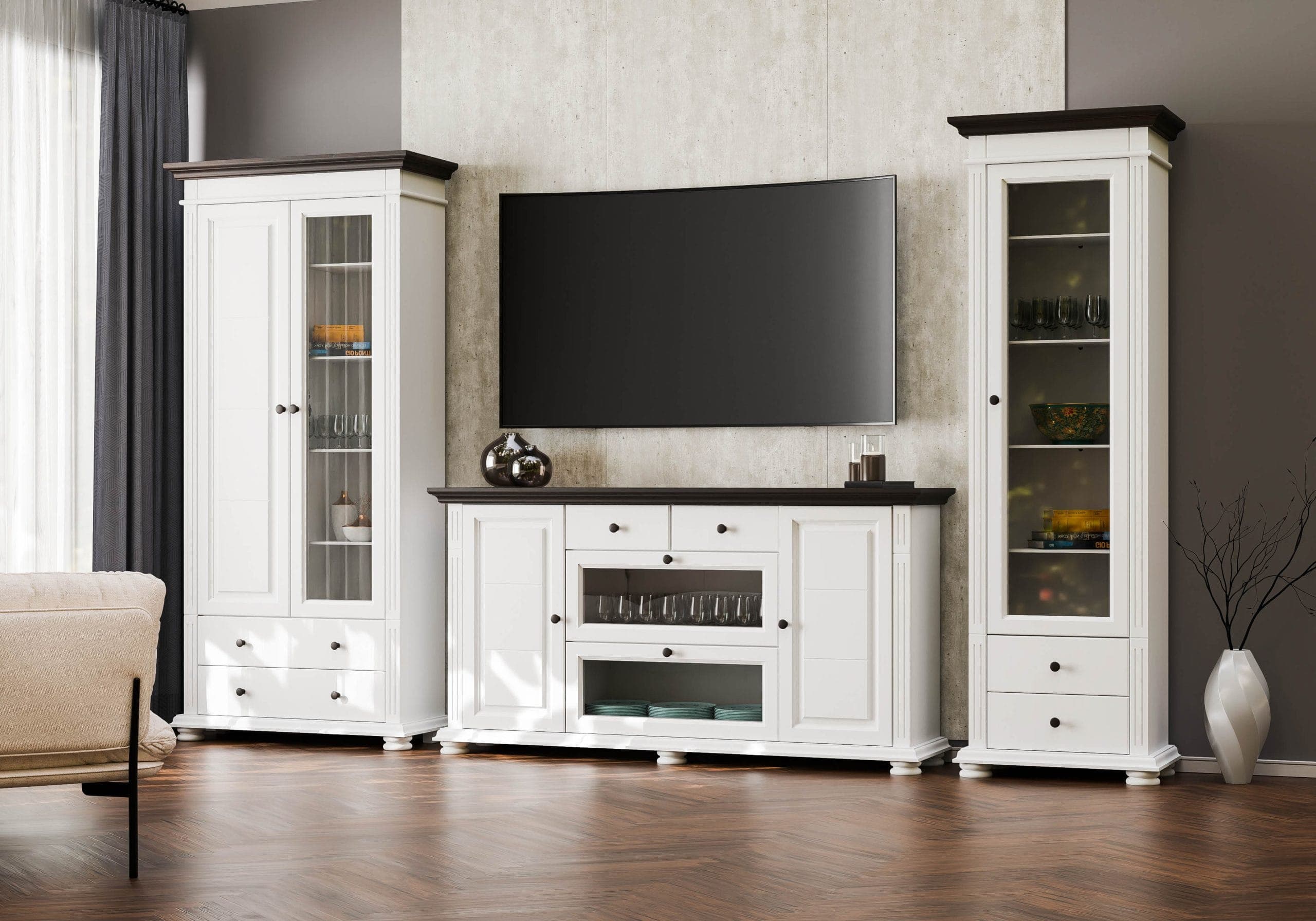 Zestaw do salonu Skagen 6 z litego drewna z dużą witryną