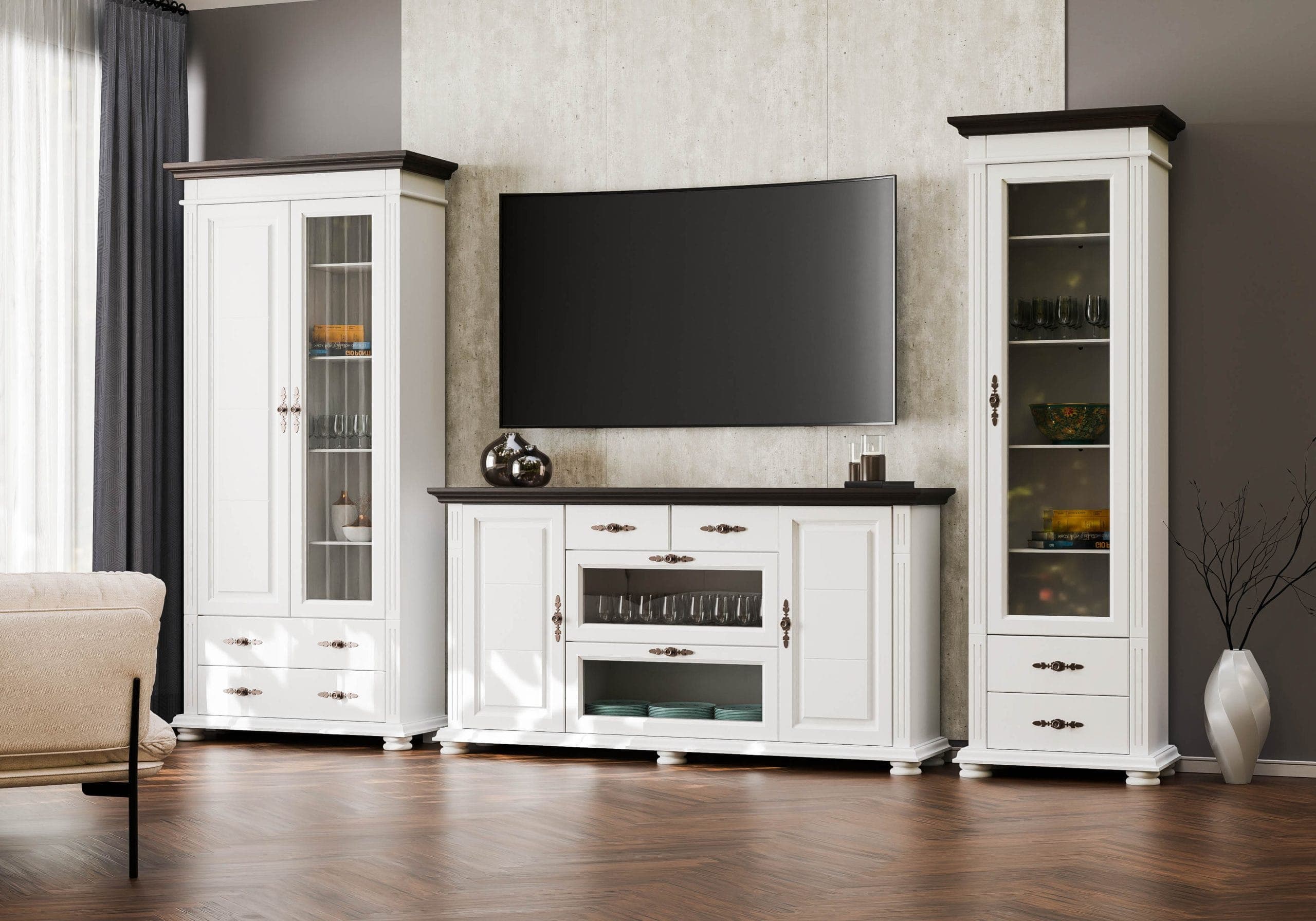 Zestaw do salonu Skagen 6 z litego drewna z dużą witryną