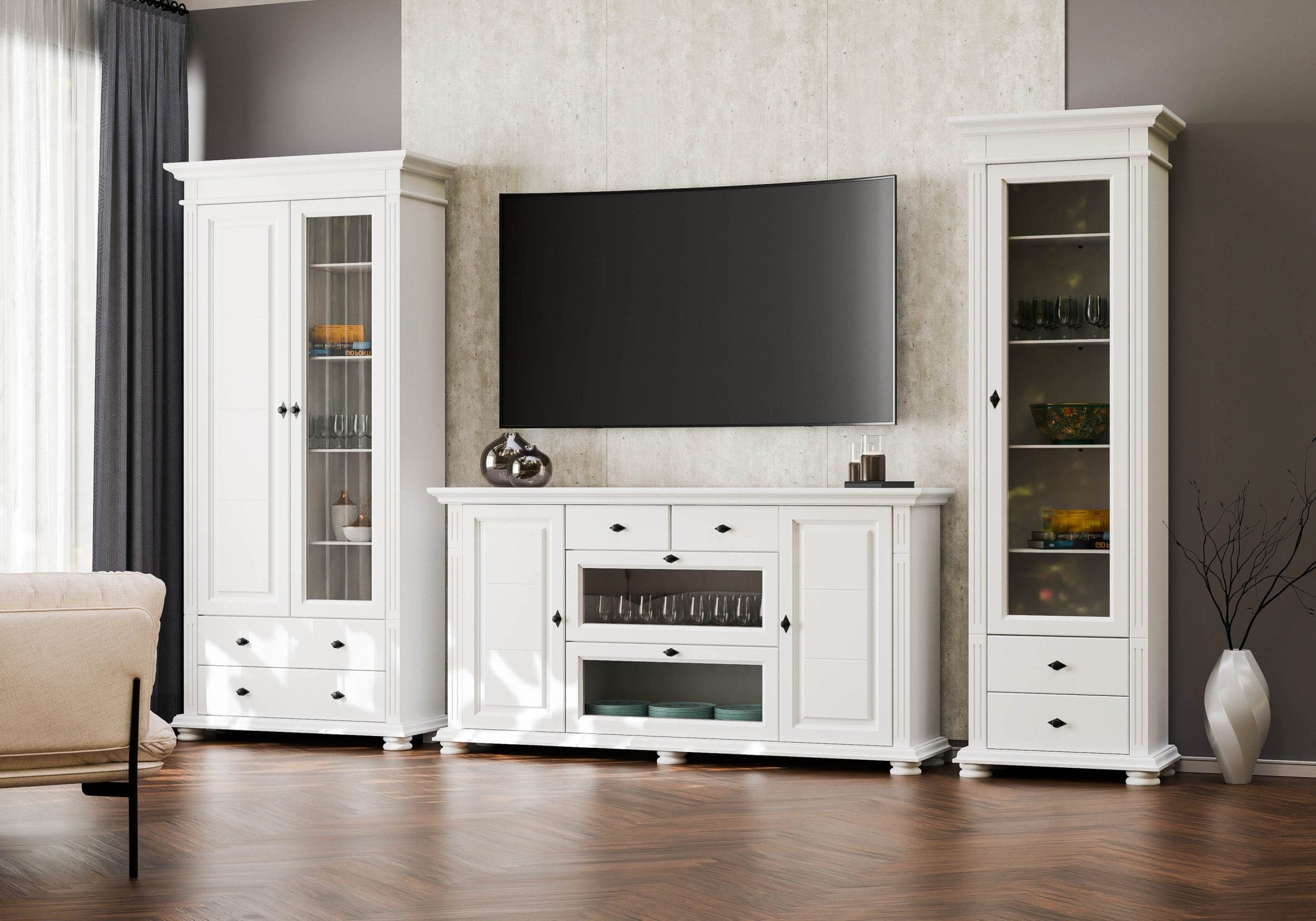 Zestaw do salonu Skagen 6 z litego drewna z dużą witryną