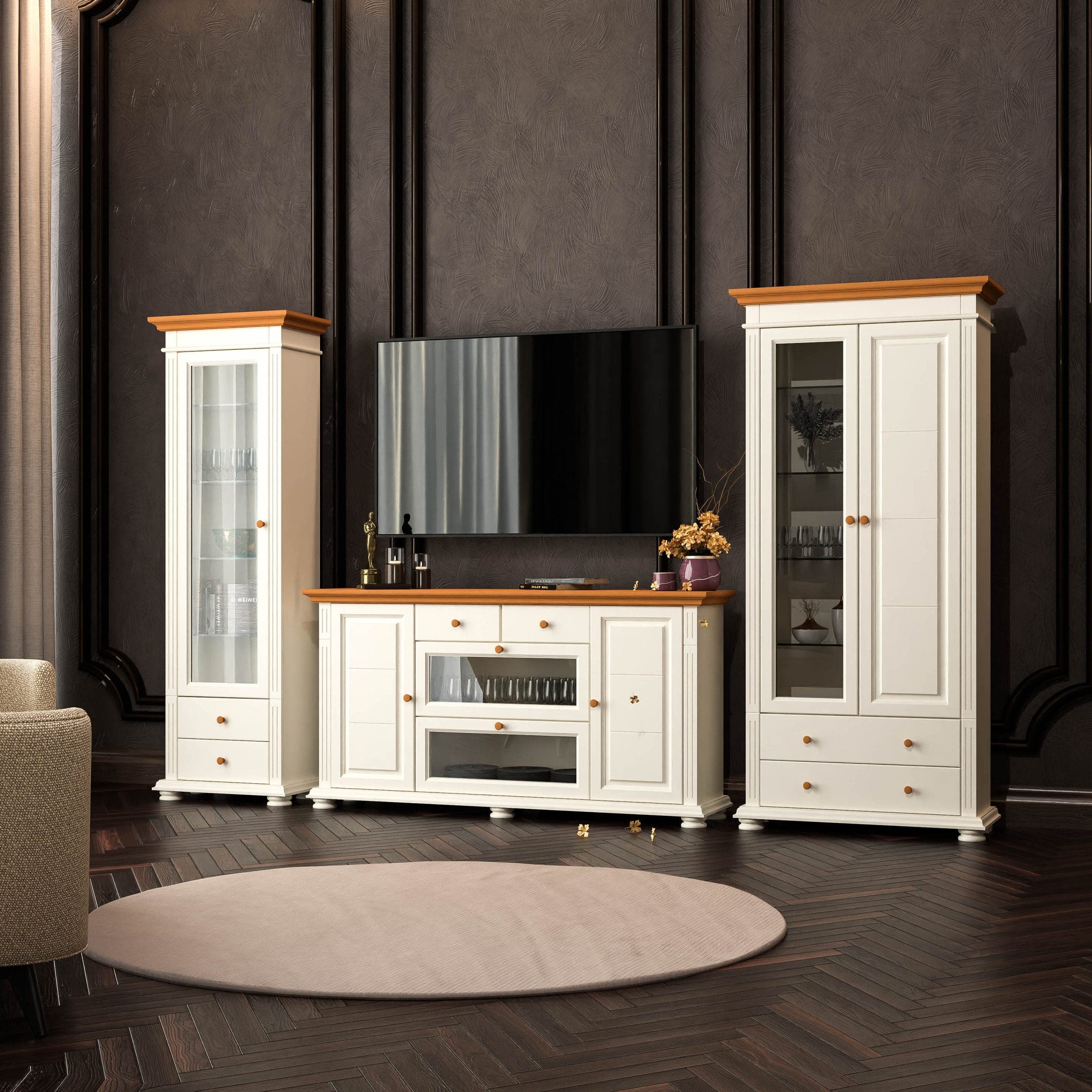 Meble do salonu Skagen z litego drewna, kolor waniliowy