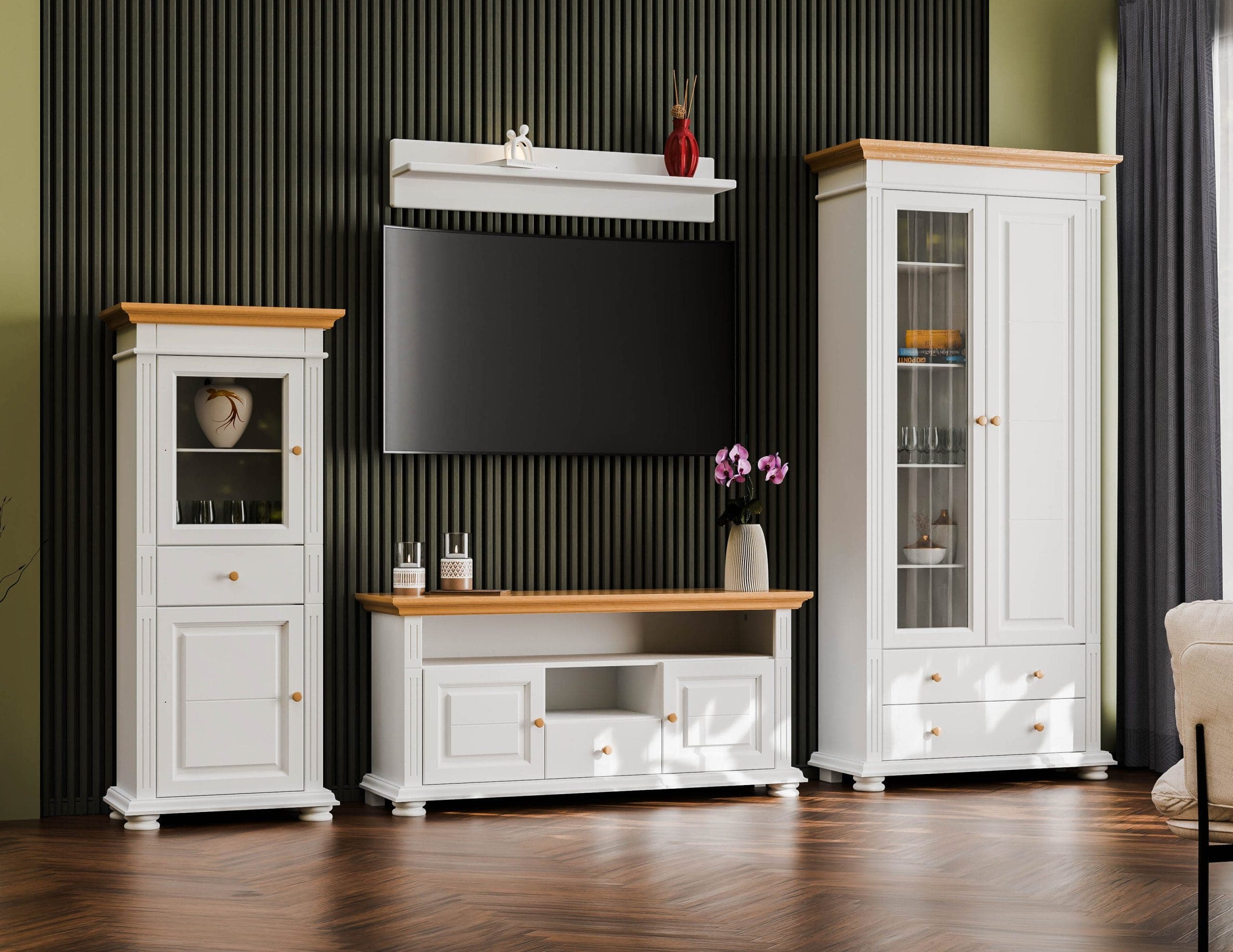 Salon Skagen 1 – zestaw z litego drewna z 2 witrynami