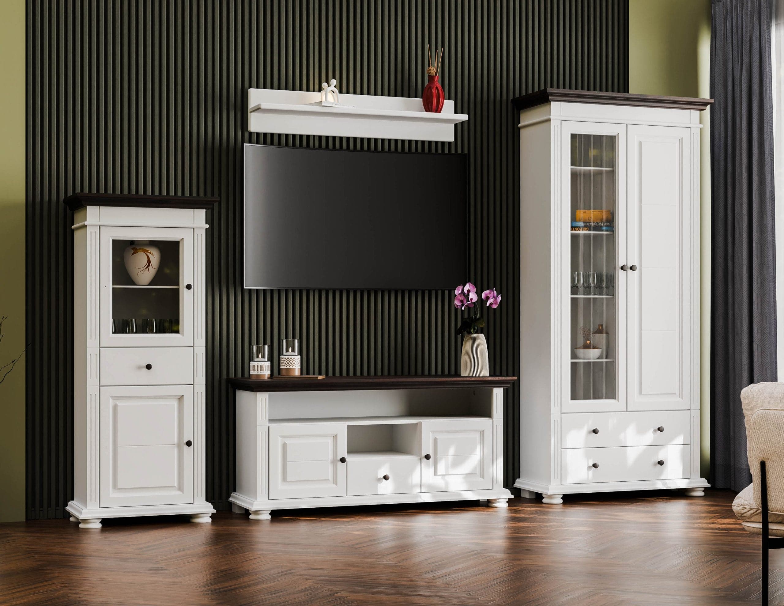 Salon Skagen 1 – zestaw z litego drewna z 2 witrynami