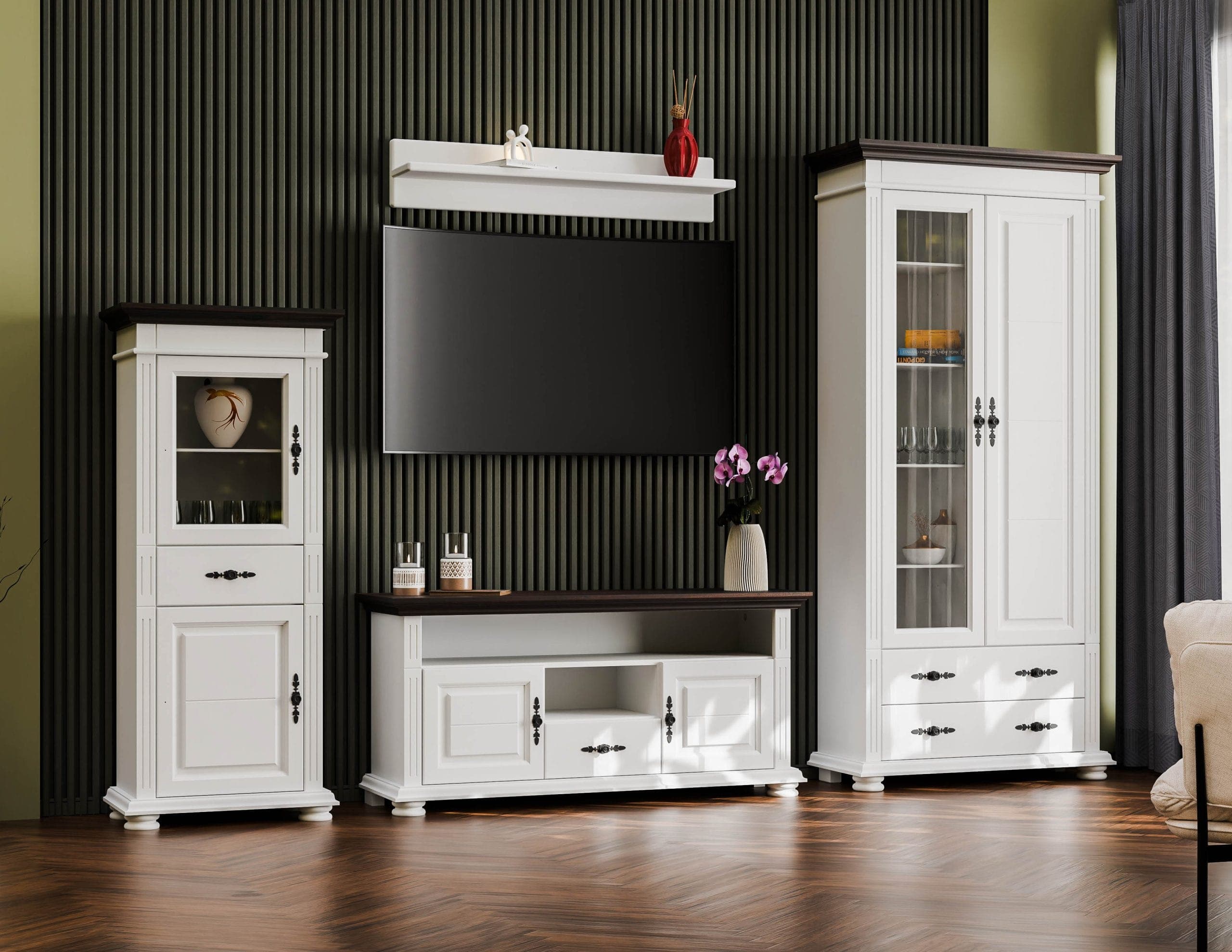 Salon Skagen 1 – zestaw z litego drewna z 2 witrynami