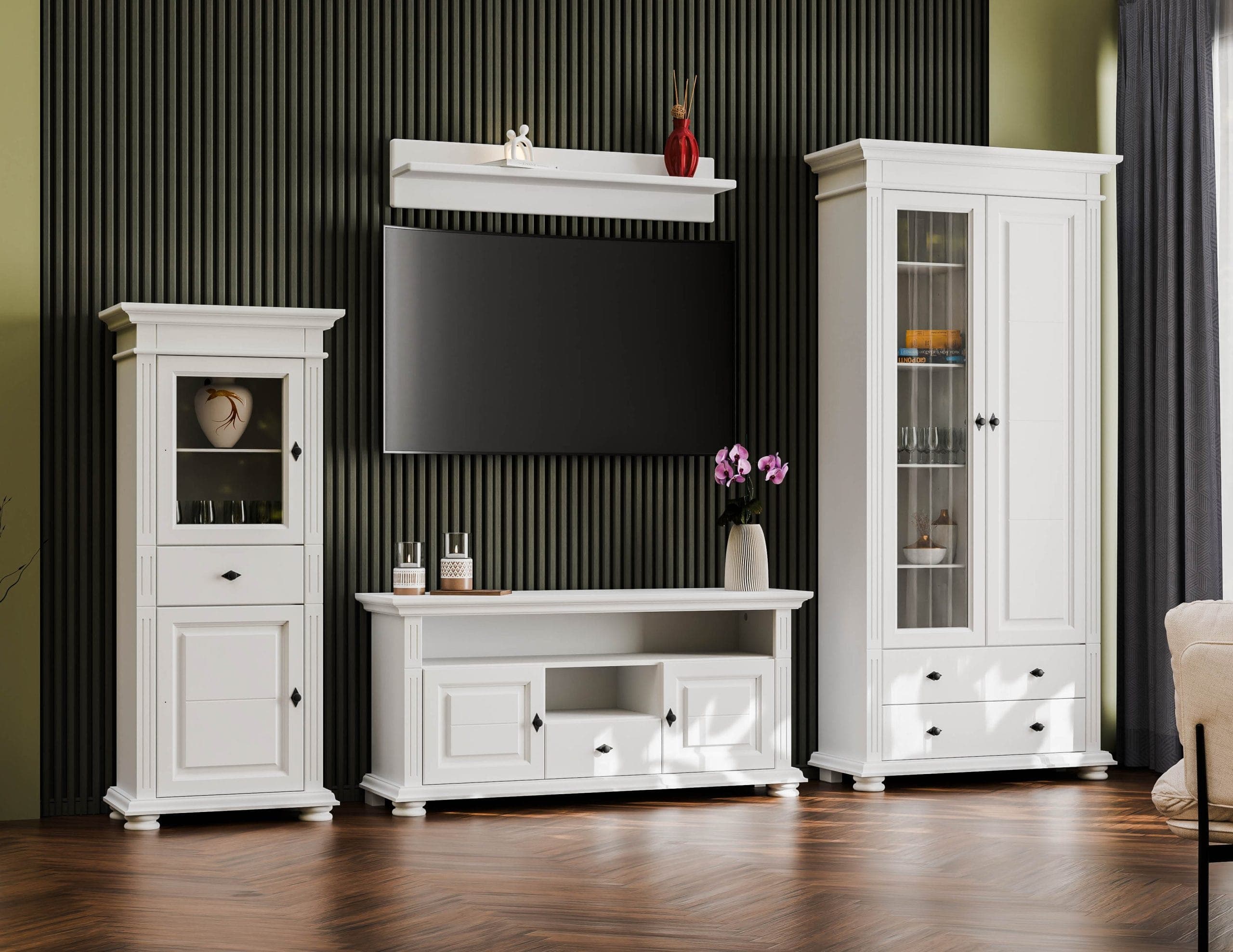Salon Skagen 1 – zestaw z litego drewna z 2 witrynami