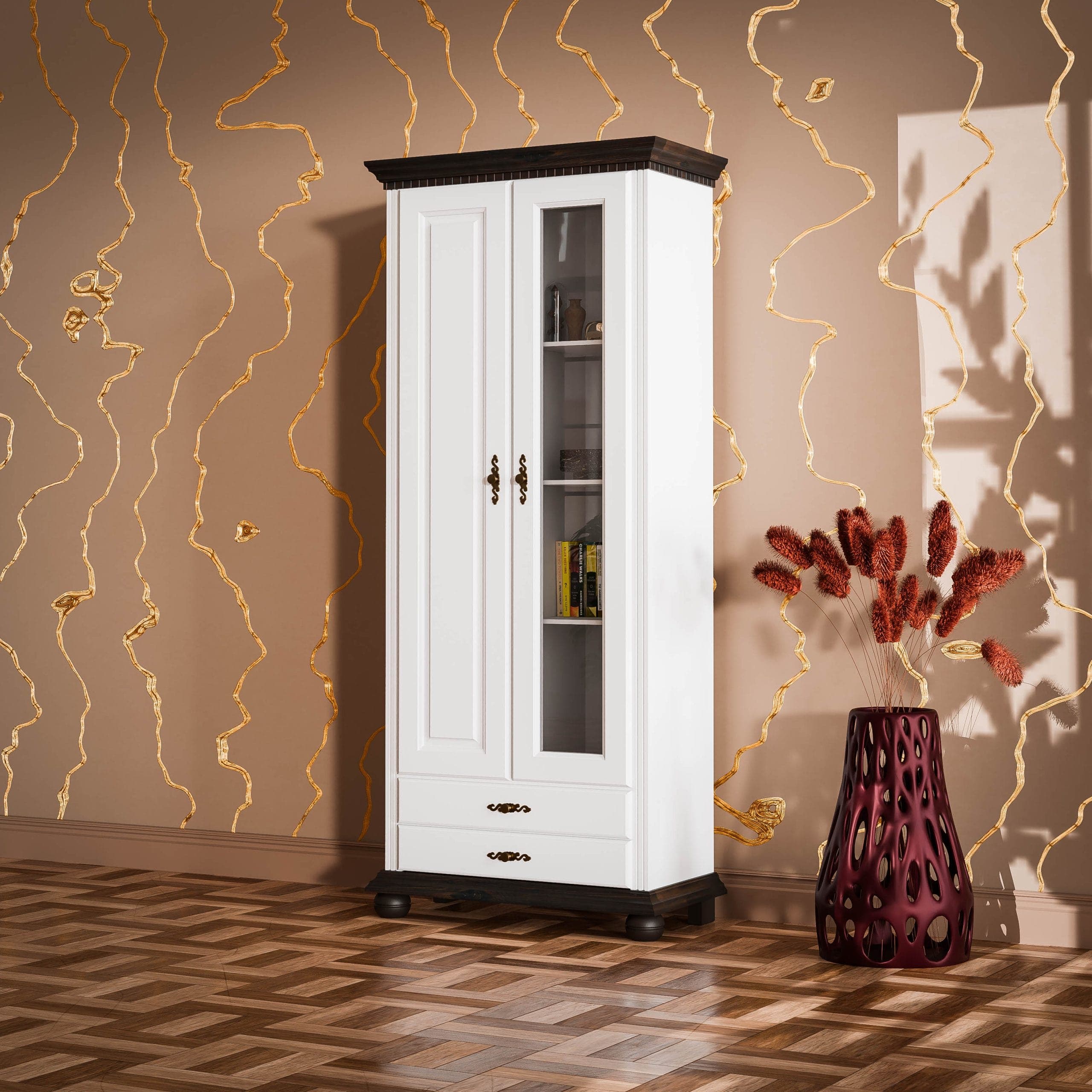 Witryna Fjord 3 z litego drewna świerkowego z szklanymi drzwiami